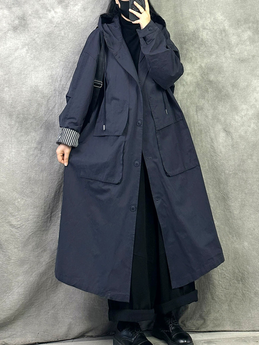 Women Autumn Casual Loose Hooded Cotton Long Coat
