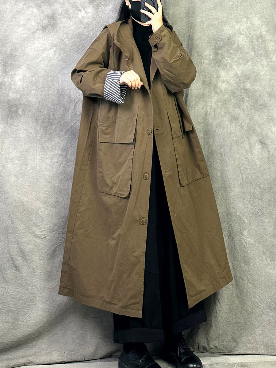 Women Autumn Casual Loose Hooded Cotton Long Coat